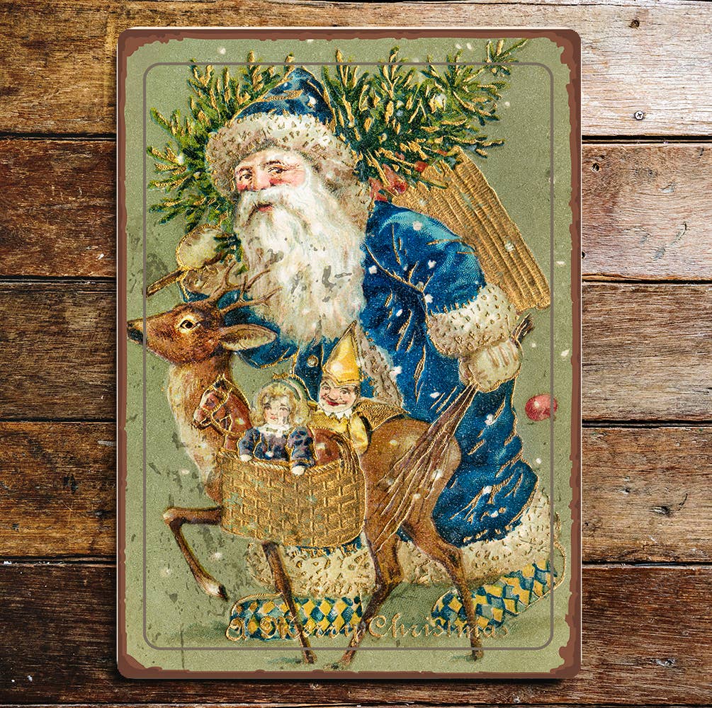 Vintage Christmas Metal Sign – Santa & Reindeer (Blue Green)