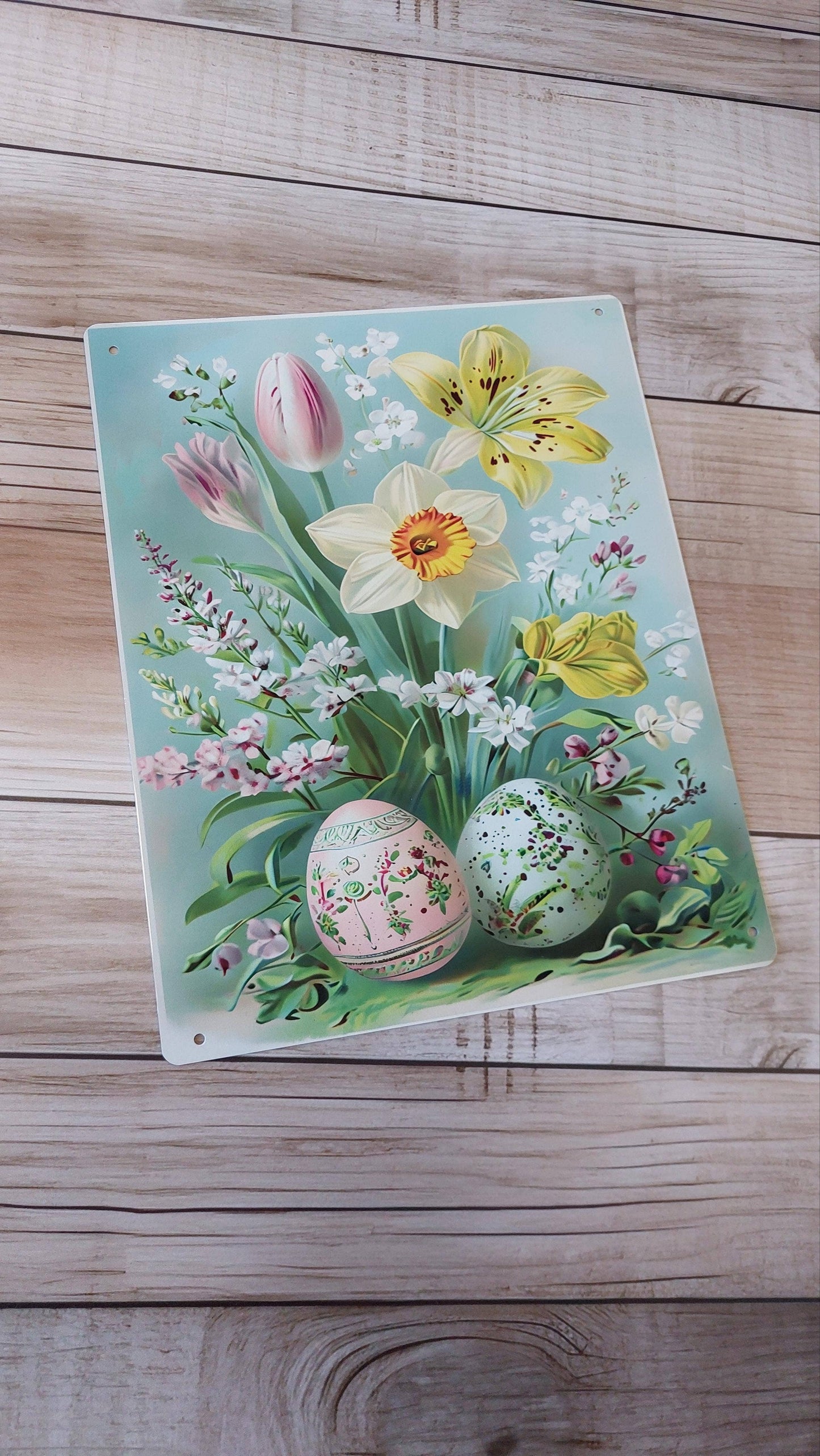 Vintage Easter Spring Flowewrs Eggs Metal Sign Plaque