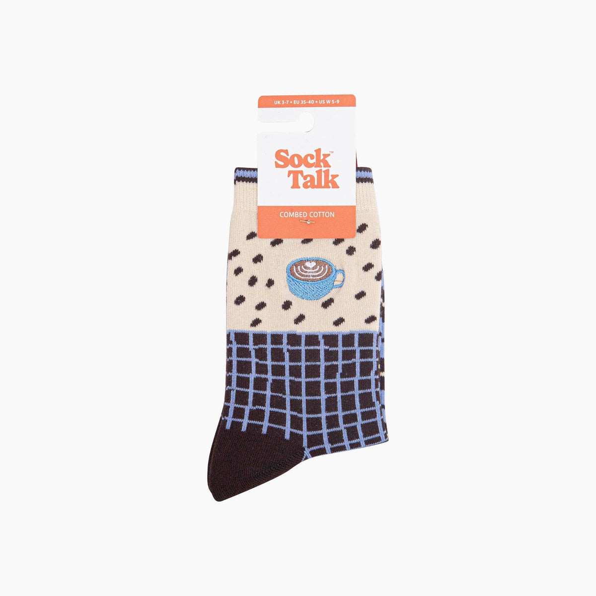 Coffee Mug Combed Cotton Pattern Embroidered Socks in Cream/Brown