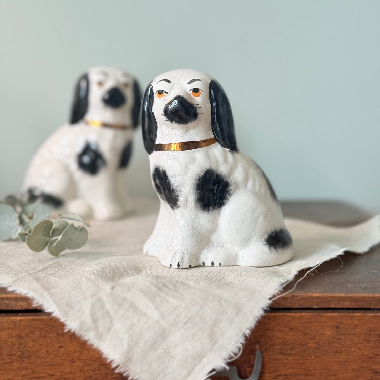 Antique Pair of Miniature Staffordshire King Charles Spaniel Dogs