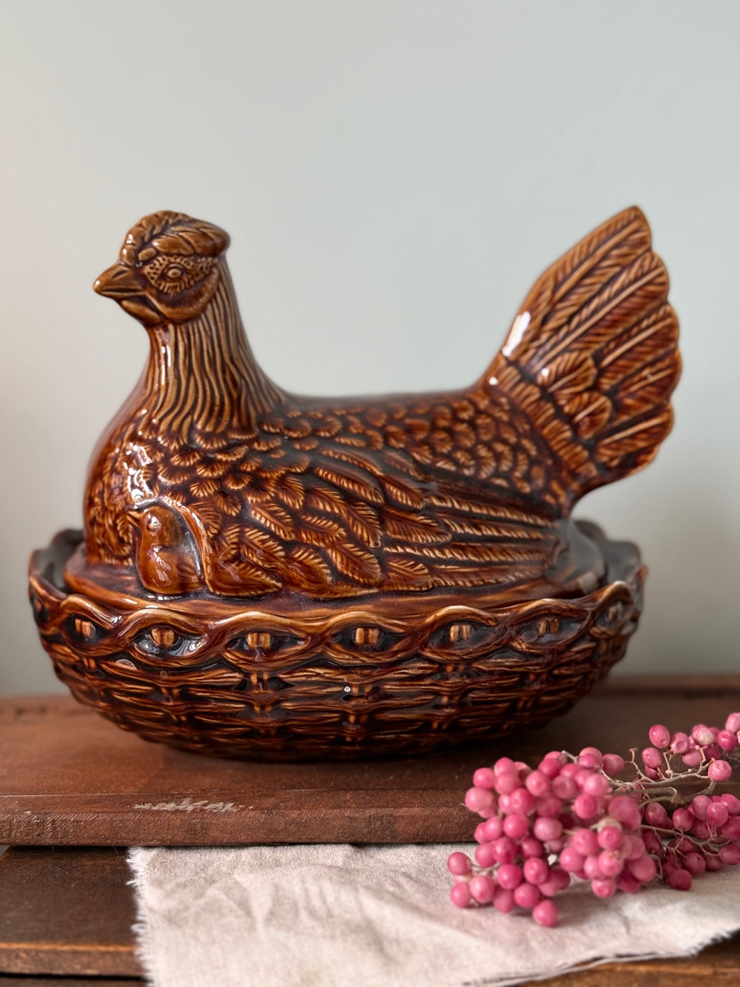 Vintage Brown Hen Terrine Egg Holder