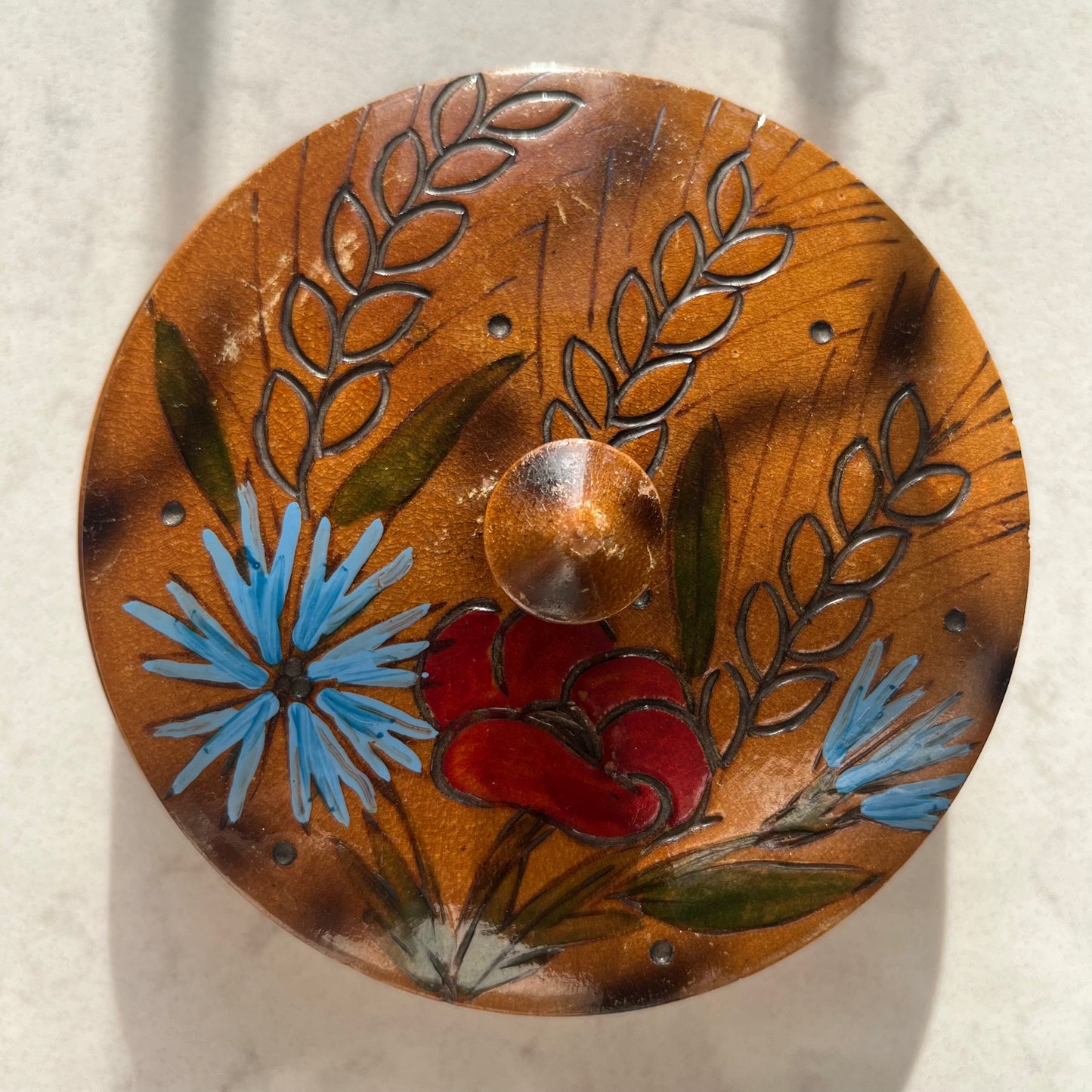 Wooden Trinket Box with Red & Blue Floral Design