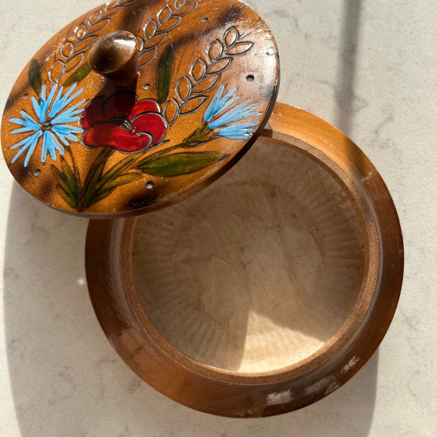 Wooden Trinket Box with Red & Blue Floral Design