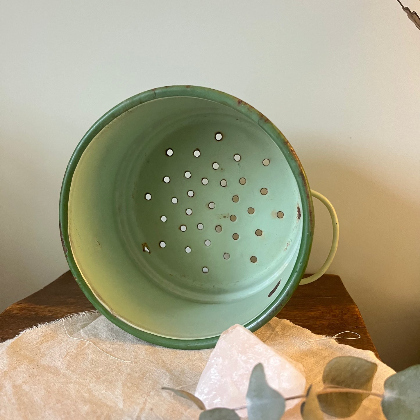 Vintage Enamel Colander Pot in Mint