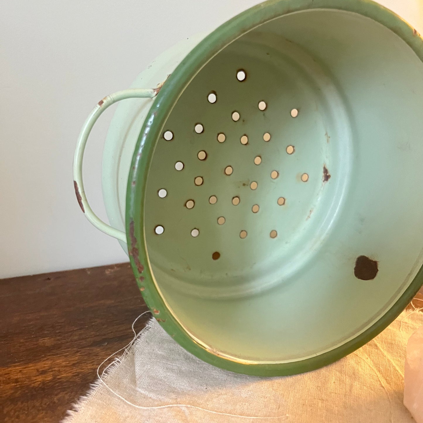 Vintage Enamel Colander Pot in Mint