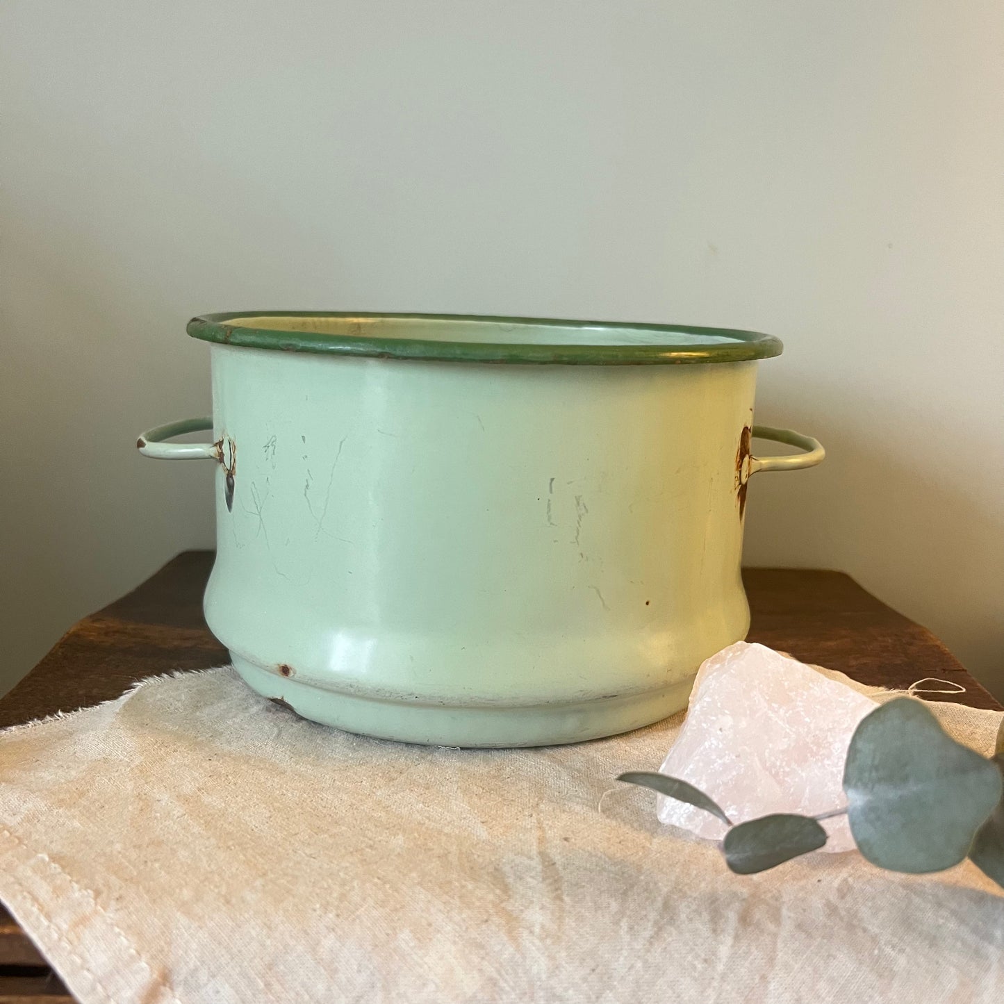 Vintage Enamel Colander Pot in Mint