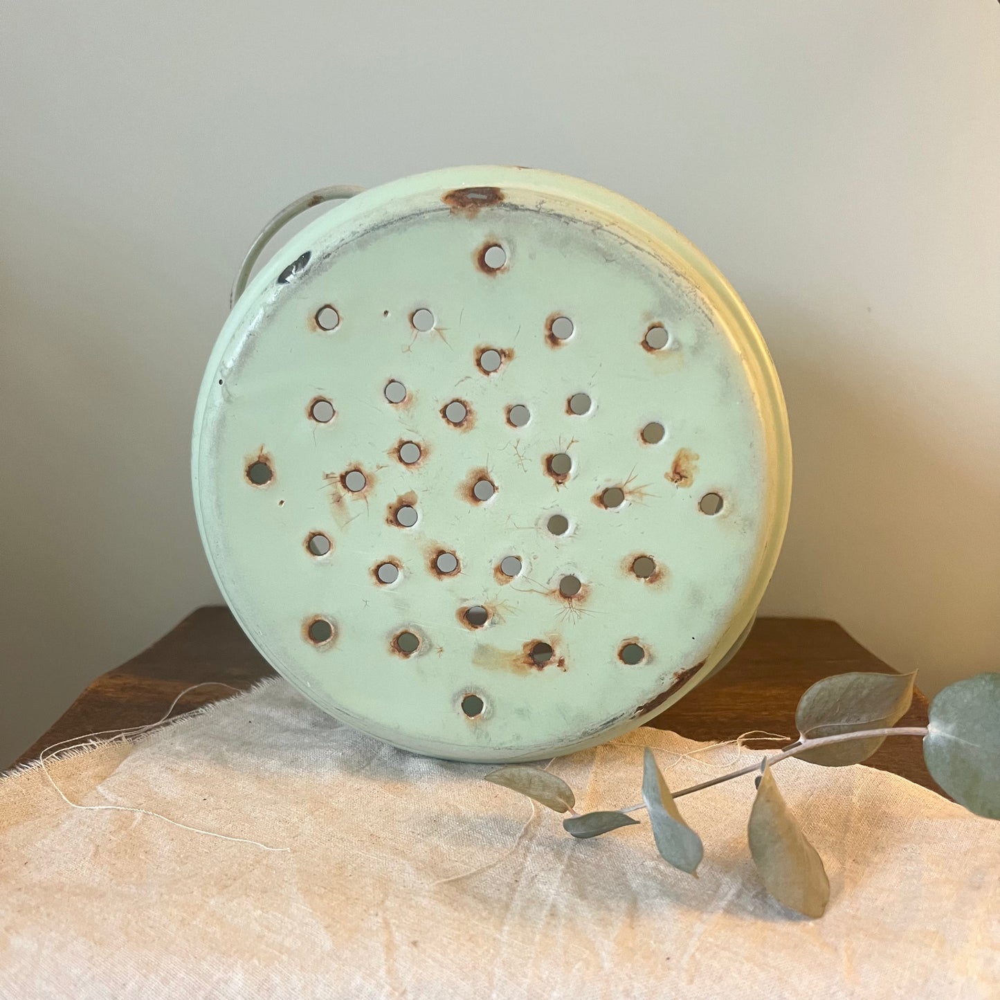 Vintage Enamel Colander Pot in Mint
