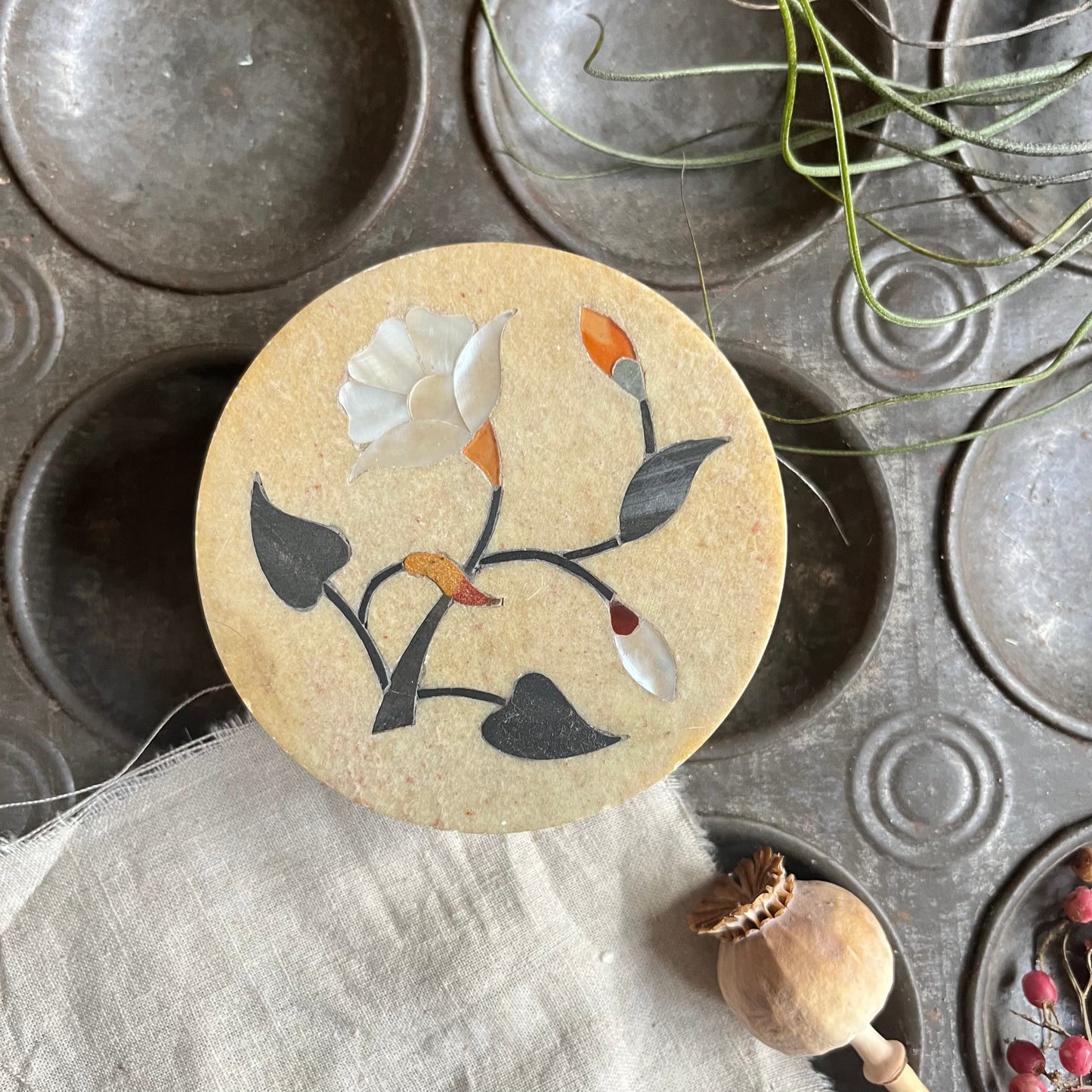 Round Granite Trinket Box with Mother of Pearl Flower Inlay
