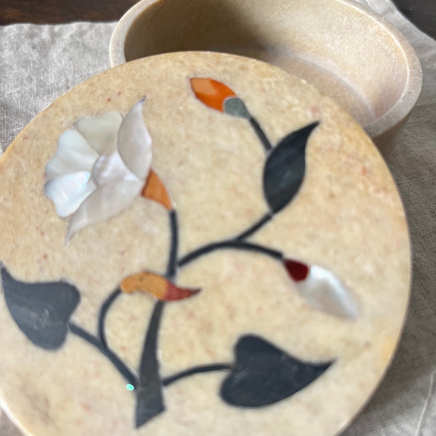 Round Granite Trinket Box with Mother of Pearl Flower Inlay
