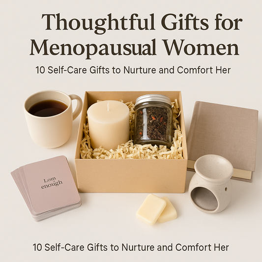 Curated gift box for menopausal women with a candle, tea jar, affirmation cards, oil burner, and self-care items on a neutral background
