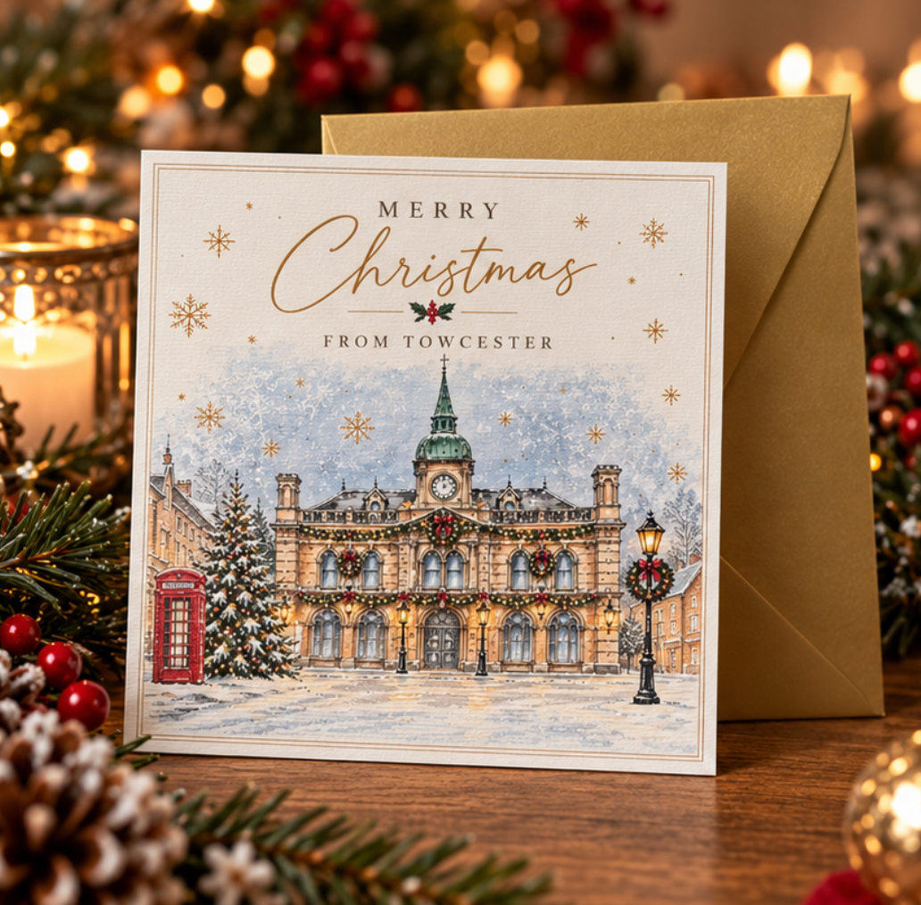 Merry Christmas from Towcester – Christmas Card with Gold Envelope