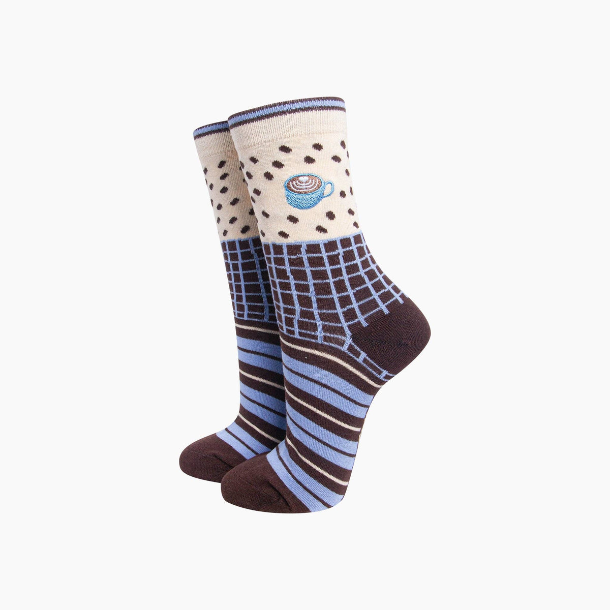 Coffee Mug Combed Cotton Pattern Embroidered Socks in Cream/Brown