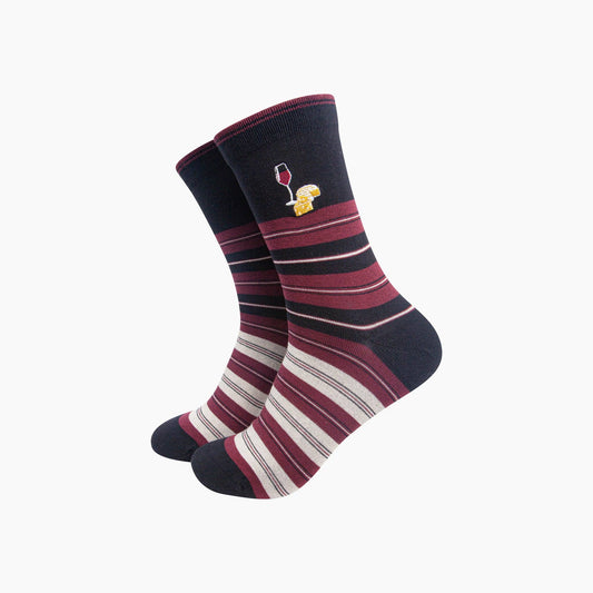 Cheese & Wine Combed Cotton Pattern Embroidered Socks in Black