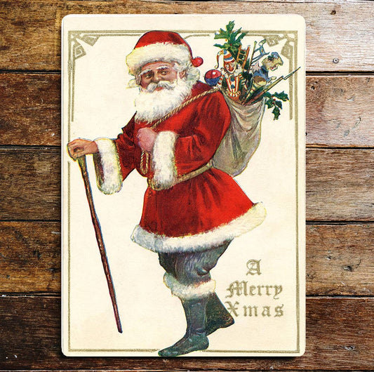 Christmas Metal Sign – Vintage Santa with Sack