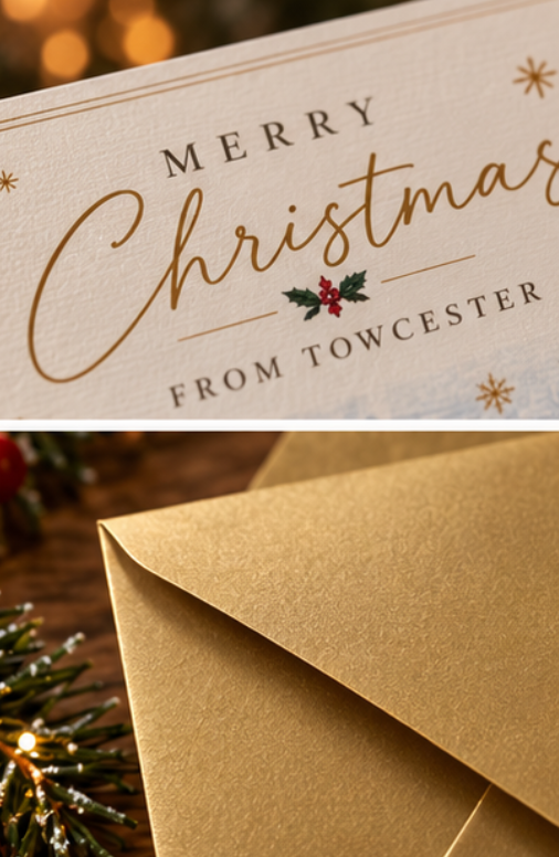 Merry Christmas from Towcester – Christmas Card with Gold Envelope
