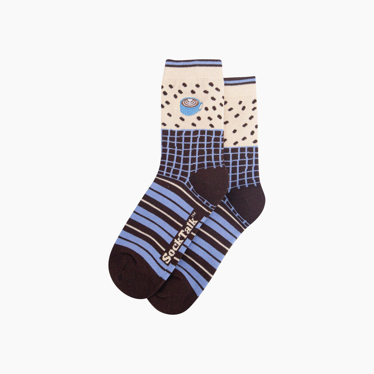 Coffee Mug Combed Cotton Pattern Embroidered Socks in Cream/Brown