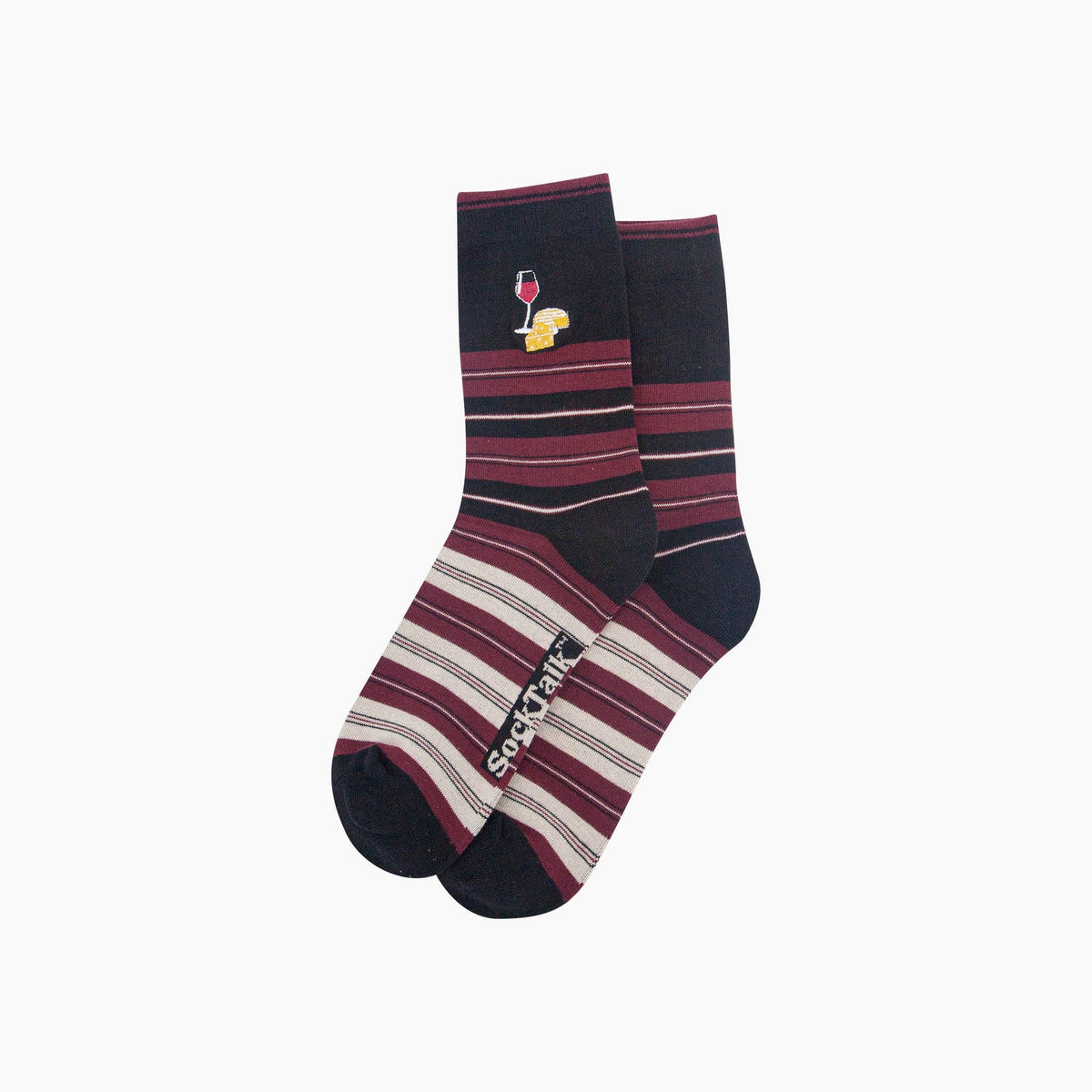 Cheese & Wine Combed Cotton Pattern Embroidered Socks in Black