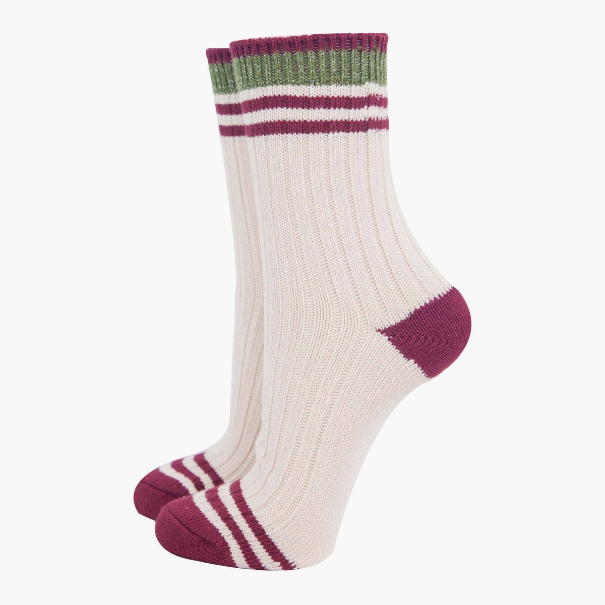 Women's Mid-Calf Socks- Cream/Khaki, Striped Cuff