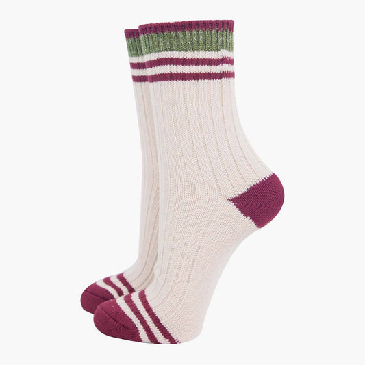 Women's Mid-Calf Socks- Cream/Khaki, Striped Cuff