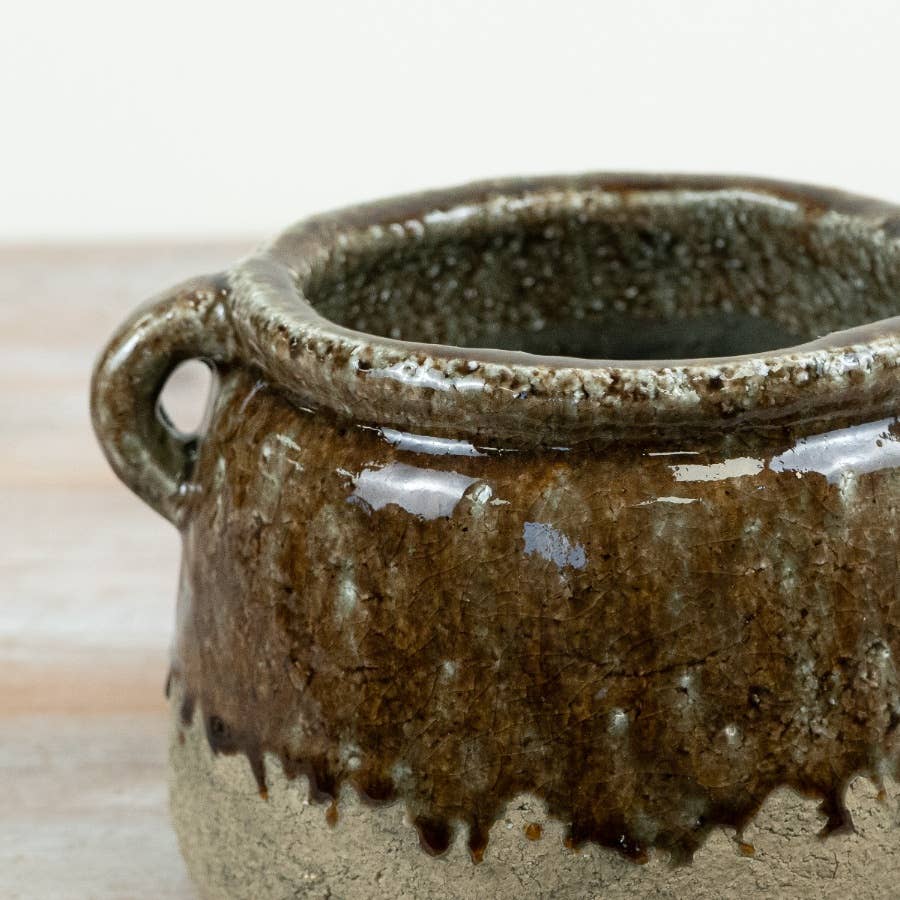 Stoneware Pot Antique Look - Green Glaze, 18cm