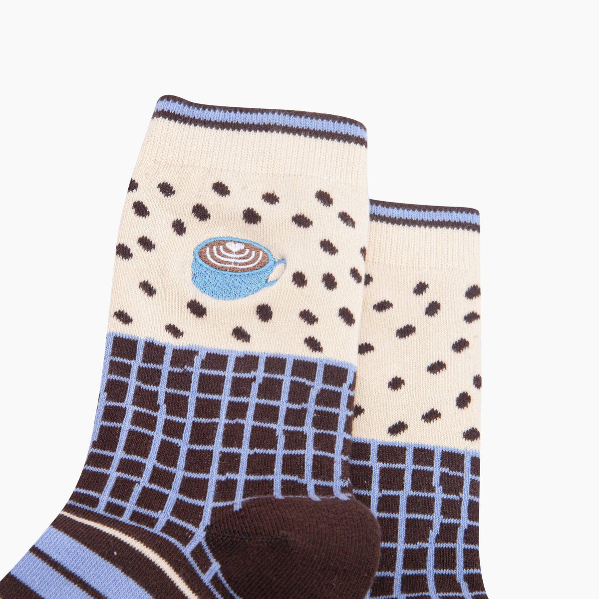 Coffee Mug Combed Cotton Pattern Embroidered Socks in Cream/Brown
