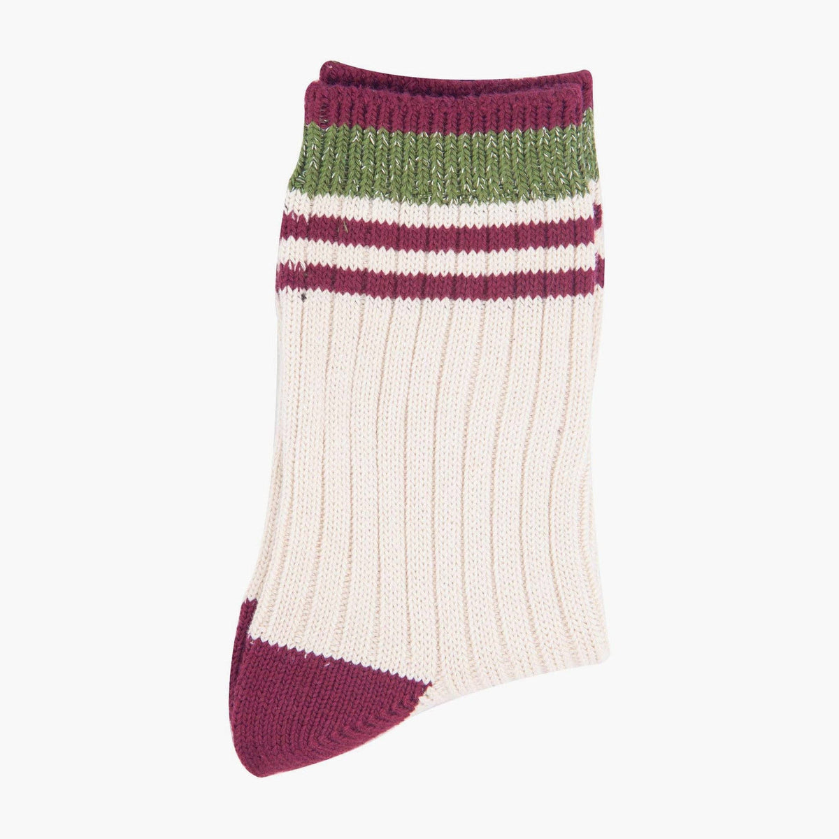 Women's Mid-Calf Socks- Cream/Khaki, Striped Cuff