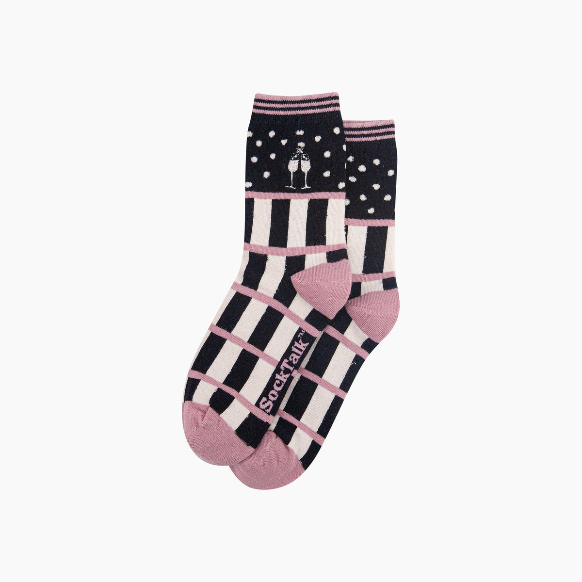 Champagne Glasses Combed Cotton Pattern Embroidered Socks in Black