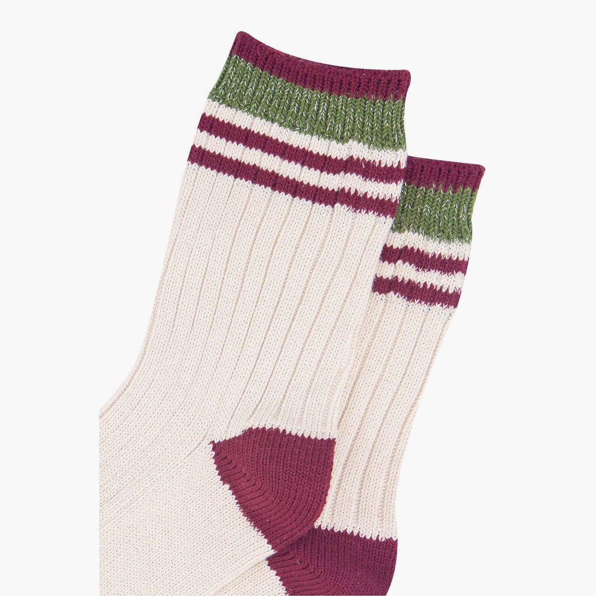 Women's Mid-Calf Socks- Cream/Khaki, Striped Cuff