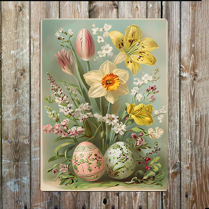 Vintage Easter Spring Flowewrs Eggs Metal Sign Plaque