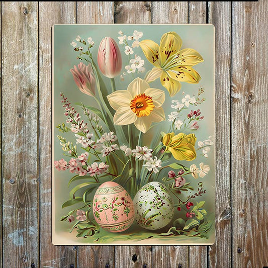 Vintage Easter Spring Flowewrs Eggs Metal Sign Plaque