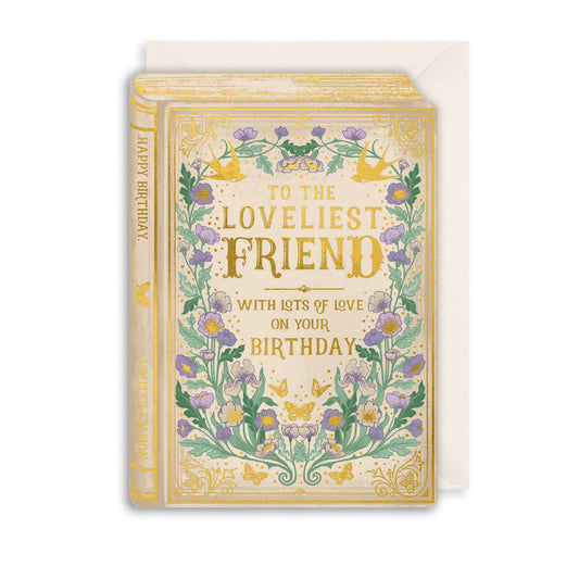Loveliest Friend Birthday card – A Book-Shaped Wish Full of Flowers