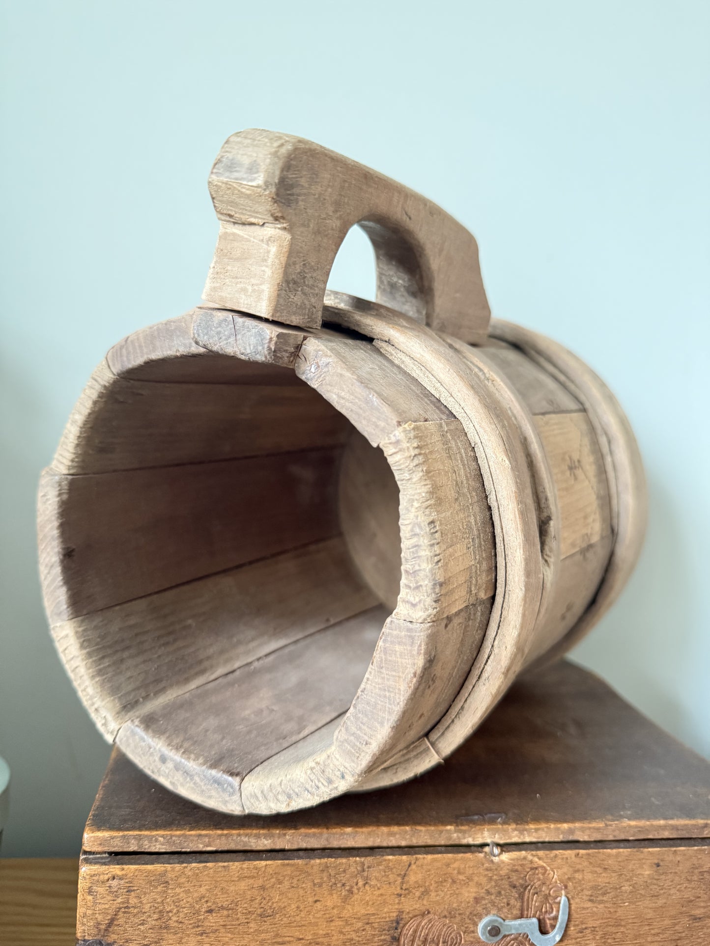 Old Wooden Grain Measure with Lid