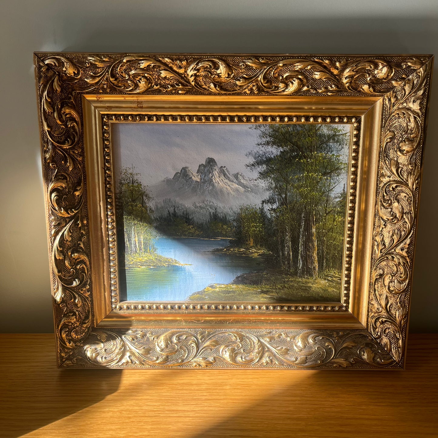 Original Oil Painting  - Mountain Lake in thick golden frame