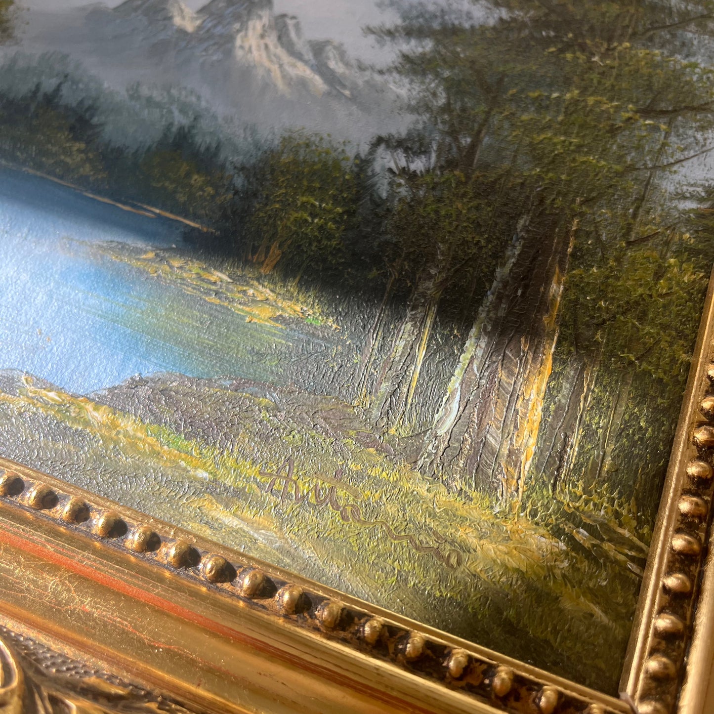Original Oil Painting  - Mountain Lake in thick golden frame