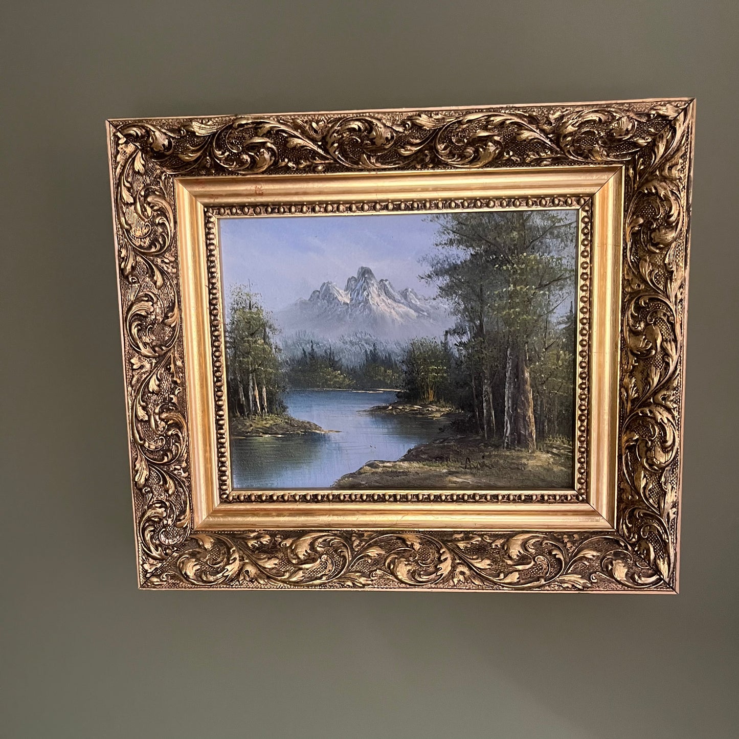 Original Oil Painting  - Mountain Lake in thick golden frame