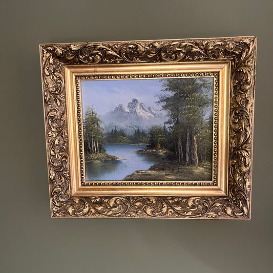 Original Oil Painting  - Mountain Lake in thick golden frame