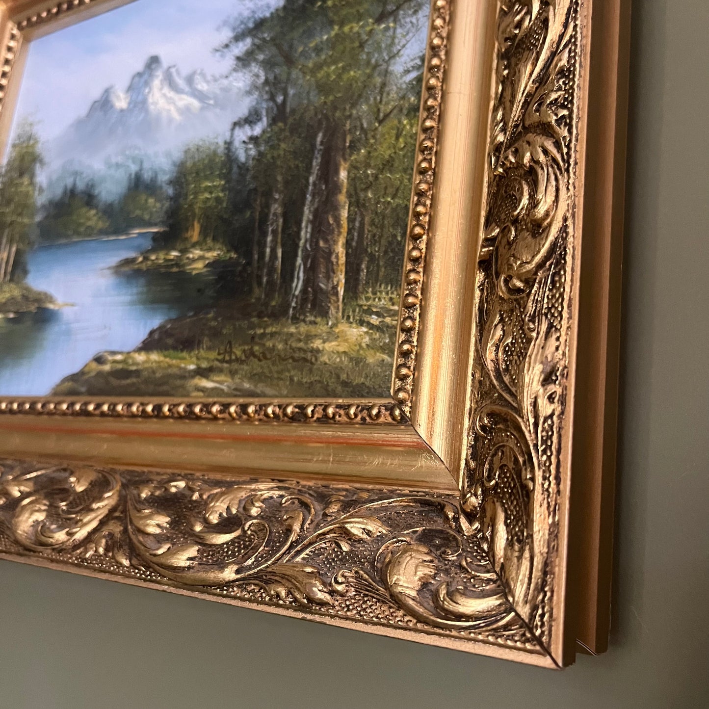 Original Oil Painting  - Mountain Lake in thick golden frame