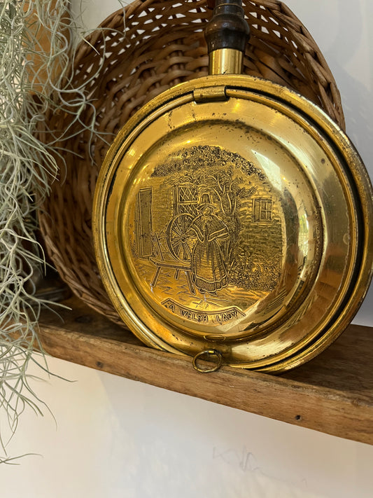 Antique Brass Warming Pan with Welsh Woman Design – Ready to Hang