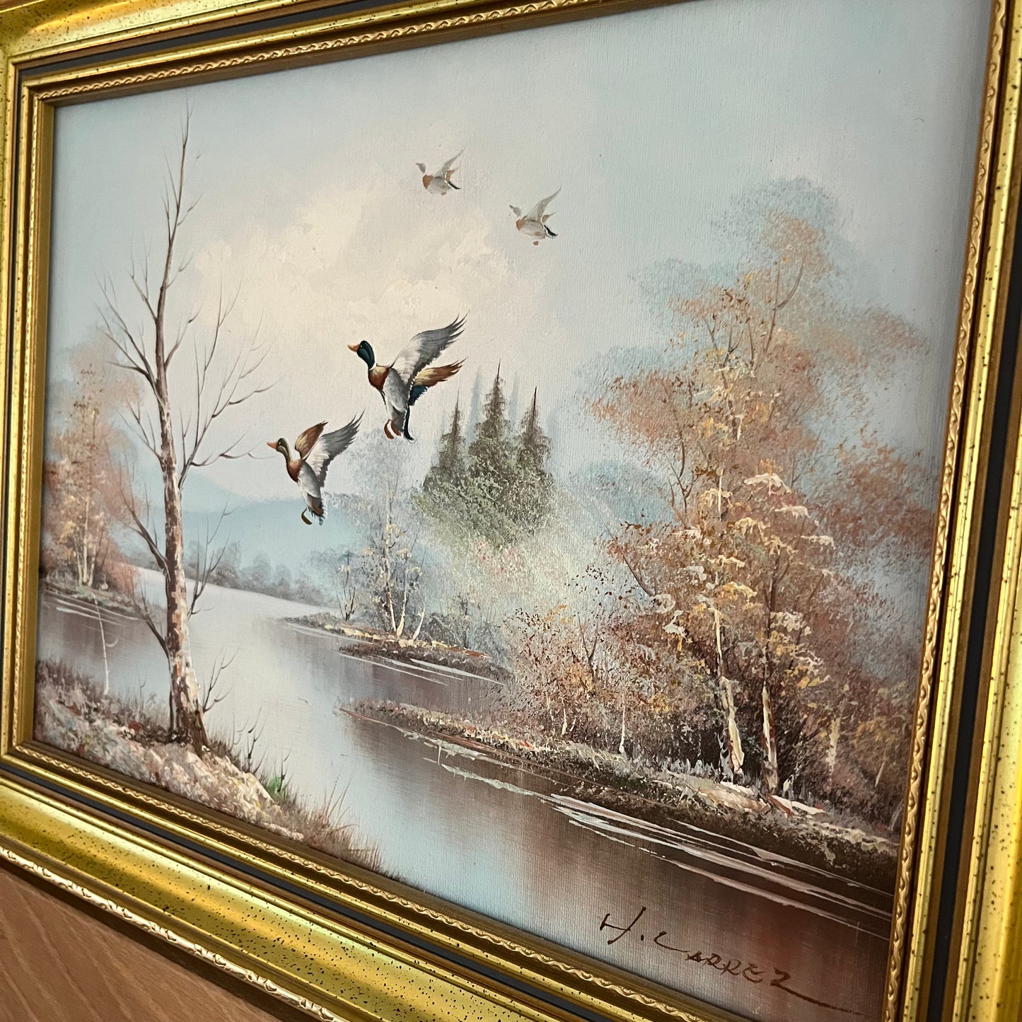 Original Oil Painting – Lake Scene with Ducks by H. Carrez in Golden Frame
