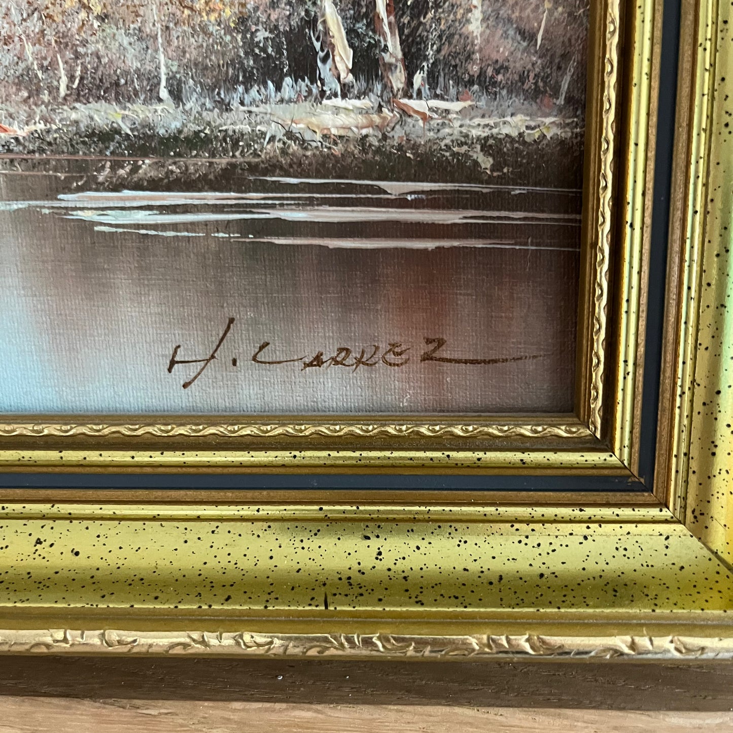 Original Oil Painting – Lake Scene with Ducks by H. Carrez in Golden Frame