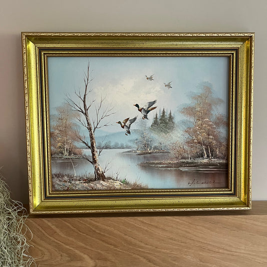 Original Oil Painting – Lake Scene with Ducks by H. Carrez in Golden Frame