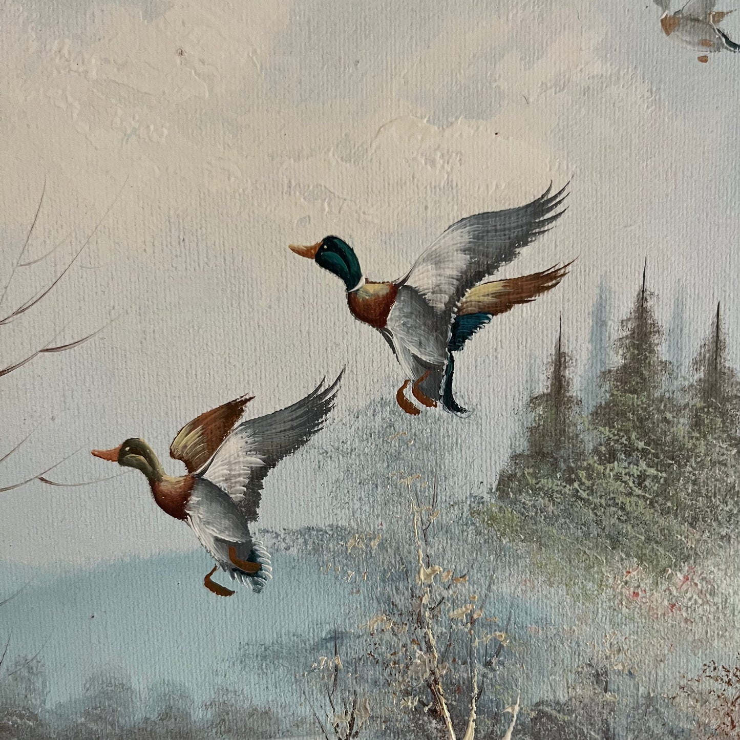 Original Oil Painting – Lake Scene with Ducks by H. Carrez in Golden Frame