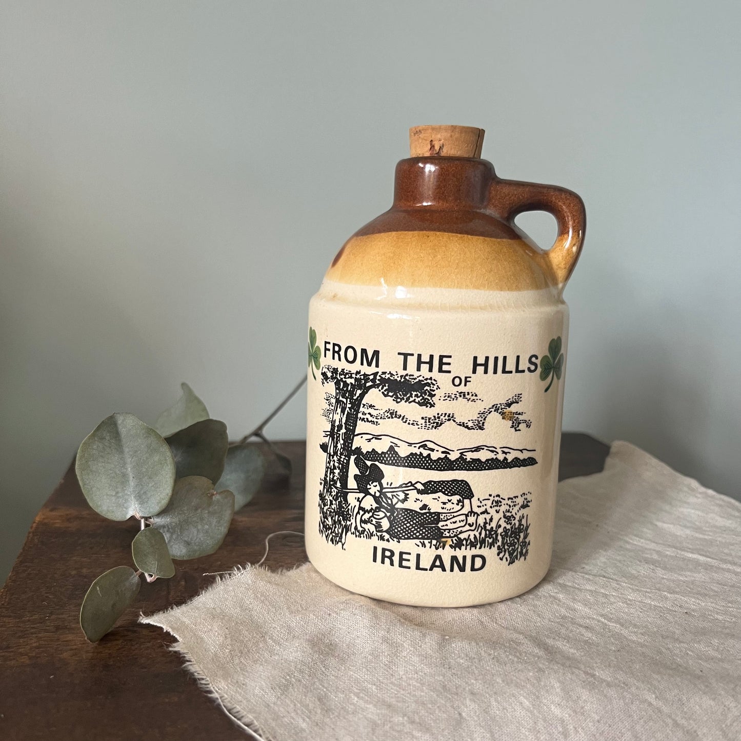 Vintage Irish Whiskey Jug – “From the Hills of Ireland” with Cork Lid