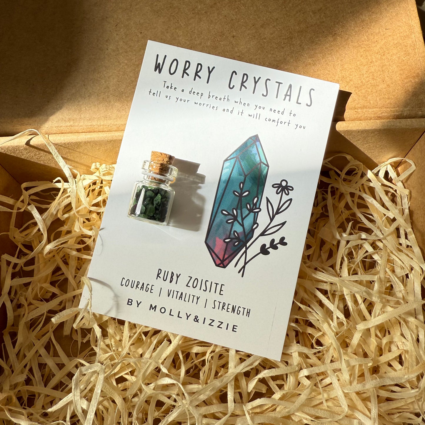 Ruby Zoisite Worry Crystals on Card