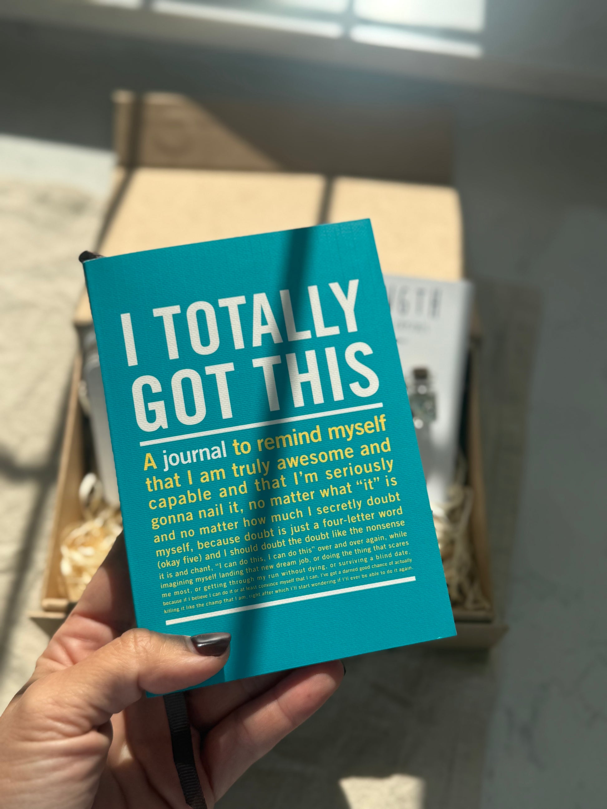 Turquoise journal titled 'I Totally Got This' held by a hand with a blurred background