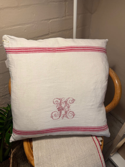 Vintage French Linen Cushion – Initial “K” (50x50, Feather-Filled)