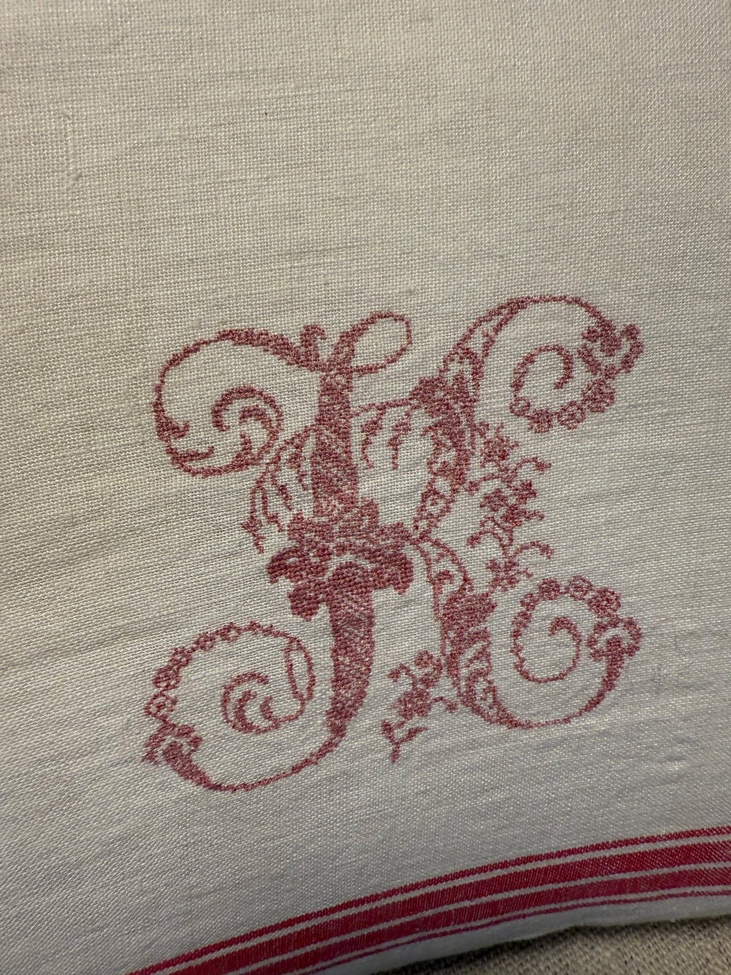 Vintage French Linen Cushion – Initial “K” (50x50, Feather-Filled)