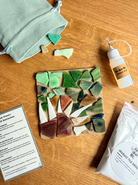 mosaic glue, tiles, instructions and grout