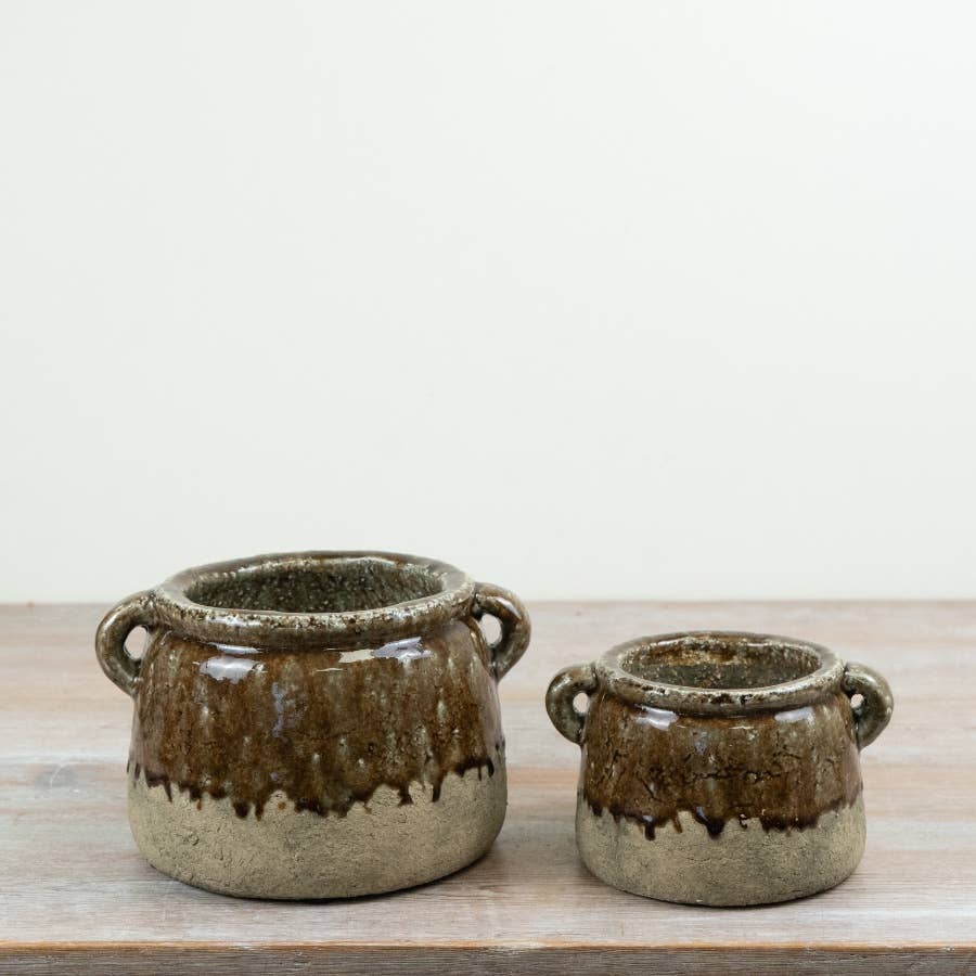 Stoneware Pot Antique Look - Green Glaze, 18cm