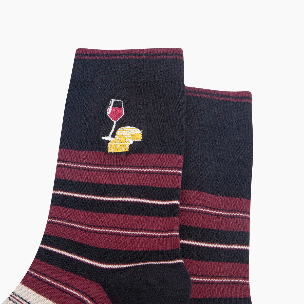 Cheese & Wine Combed Cotton Pattern Embroidered Socks in Black